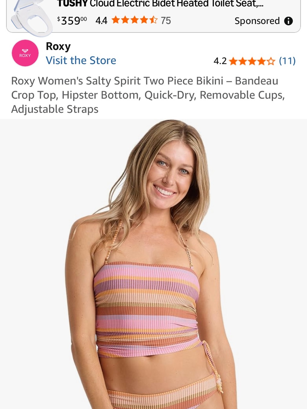 Roxy bandeau adjustable crop top and hipster bottoms small